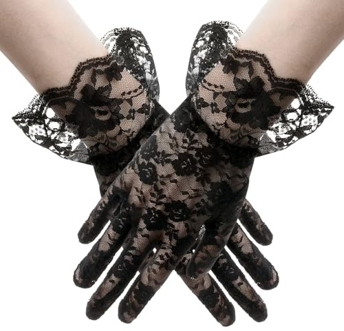 YUNHENTONG Spitzenhandschuhe, Handschuhe Spitze, Netzhandschuhe, Halloween Handschuhe Damen, Schwarze Handschuhe Halloween, Netzhandschuhe Schwarz für Hochzeiten, Kostümpartys, Halloween