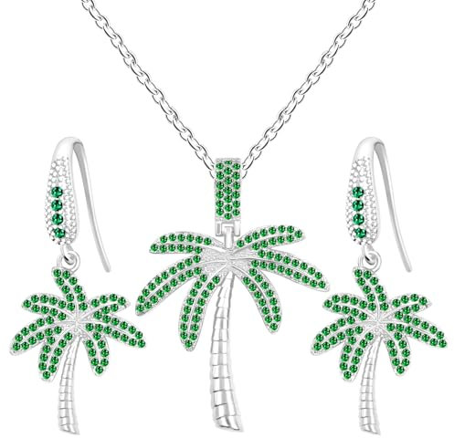 Uloveido Silver Color Palm Tree Necklace and Earrings Set - Green Cubic Zirconia Exotic Island Jewelry Vacation Gift for Women YA4830