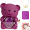 Eunmsi Engraved Heart Necklace with Real Rose Bear Giftbox,Preserved Rose Hug Bear Gifts for Women,Preserved Rose Gifts Set,Eternal Rose Flowers Flip Bear Jewelry Box,for Women's gifts (Purple)