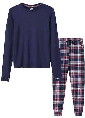 MoFiz Garçons Ensembles de Pyjama Hiver Doux Vêtements de Nuit Manches Longues Hauts de Pyjama et Pantalon à Carreaux Bleu Marine XL(164-176)