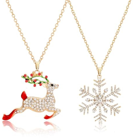 DIELOVEHUA Weihnachtshalskette, 2 Stück Schneeflocke & Rentier Weihnachten Schmuck Set, Nette Geschenke
