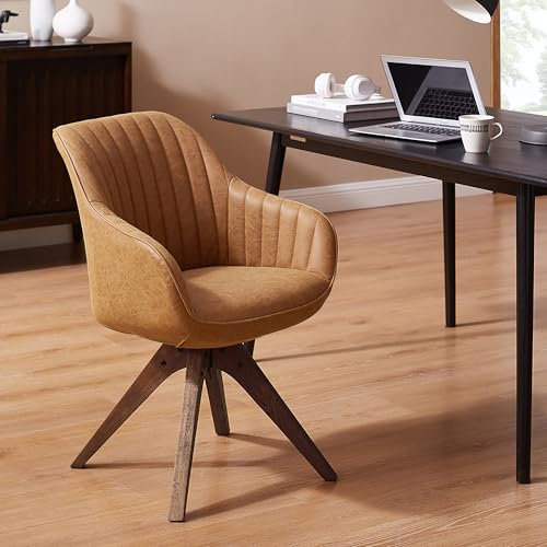 Zouron Sedia da pranzo con gambe in legno, sedia girevole (Simili Pelle), sedia da cucina, sedia da salotto con braccioli, sedia da ufficio a casa, marrone