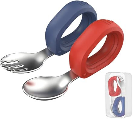 Cubble Stainless Steel Baby Fork and Spoon Set with Case, Baby Toddler First Self Feeding Eat Yourself Training Weaning Utensils (Blue/Red)