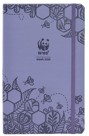WWF, Large - Wochenkalender 2025 12 Monate, mit Gummiband und doppeltem Lesezeichen, mit Kalender und Planer 2025 und 2026-13 x 21 cm, Violett
