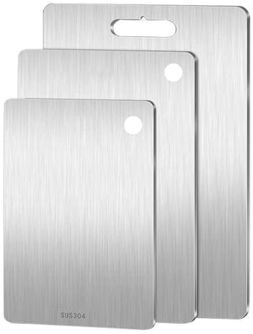 3 Pezzi Tagliere Acciaio Inox 304,Doppio Lato per Alimenti,Senza BPA,Tagliere in acciaio,per Carne, Pane, Verdure e Frutta,Facile da pulire