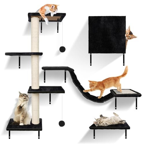 Zvonema Mur d'escalade pour chats - 10 pièces - En bois solide - Meubles en peluche confortables - Avec maison pour chat, pont, escalier, griffoir, chaise longue et balle suspendue