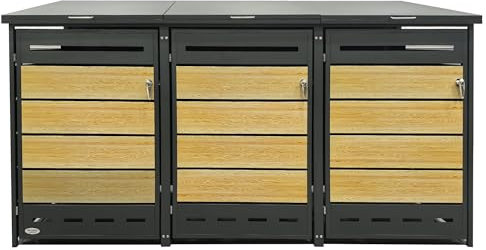 RS Trade Outdoor-Mülltonnenbox, bis zu 240 L Tonnen, Verkleidung aus verzinktem Stahl, abschließbare Türen, Mülltonnenhaus, Größen 2er, 3er, 4er zur Aufbewahrung von Abfall (Holzoptik, 3er)