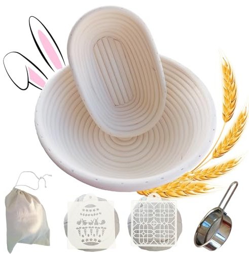 NATTARATTAN Gärkörbchen Rund und Oval, Gärkörbe aus Rattan zum kreativen Brotbacken inkl. Leineneinlage, Brotschablonen, Mehlsieb und Anleitung, Banneton Set