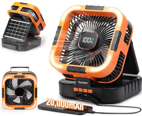 Raddy CF3 Ventilador camping portátil, 20000 mAh recargable batería y 3W panel solar, carga USB, luz LED, 6 velocidades, oscilación de 90°, Adecuado para acampar, viajar