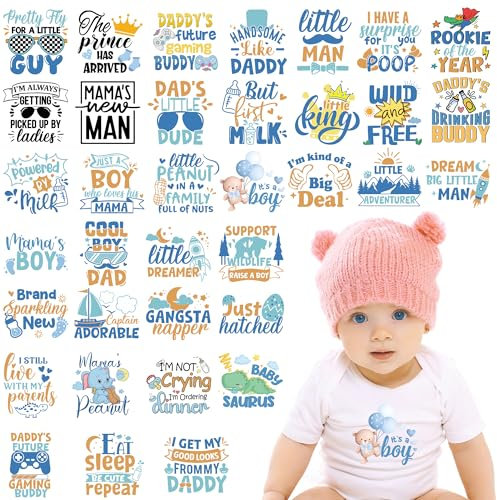 36 Sheets Baby Shower Games Iron on Transfers, Baby Boy DTF Transfers Ready to Press Heat Transfers Vinyl, Iron on Patches Decals for T Shirts Hoodie Baby Clothes Bibs Bodysuit Making DIY Crafts