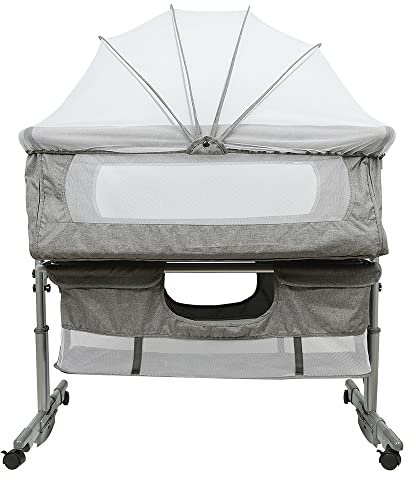 homewell 3 in 1 Beistellbett Baby, Bett Bassinet/Babybett/Babywiege, Zustellbett Höhenverstellung und Neigungsverstellung, mit Moskitonetz und Aufbewahrungskorb