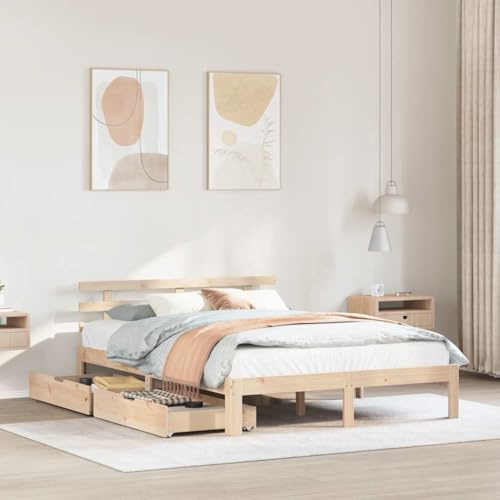 vidaXL Bed Frame with Drawers - Solid Pine Wood 135x190 cm Mattress Base with Headboard, Modern Brown ic Double Bed with Storage Drawers for Bedroom