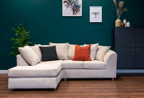 Abakus Direct | Jumbo Grid Corner Sofa – Modern Corner Sofa with Grid‑Textured Fabric, Angular Arms and Scatter Cushions – Available in Grey, Beige or Green (Beige, Left Hand Facing)