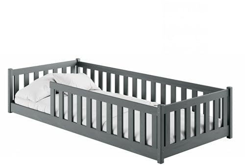 Kids Collective Lit au Sol Enfant 90x200 cm avec barrière de sécurité et sommier à Lattes, lit Montessori, Lit Simple pour Enfants et Adolescents | Graphite | de 4 à 18 Ans