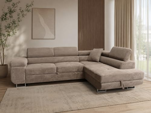 KMK GNYCH Sofa Aston 272x203x88 cm, Schlaffunktion, Braun, Rechts | L-Form Sofa, Modern Couch mit Bettkasten, Weiches Ecksof fürs Wohnzimmer, Schlafsofa, Eleganter Poso Stoff