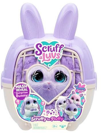 ScruffaLuvs Bunny Scruffs - Mystery Plush Toy, 5.5 Tall - Wash to Reveal a Bunny Scruff, Includes 11.4 Deluxe Pet Carrier, Purple