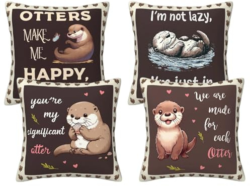 Leseogye 2 Stück Lustige Otter Kissenbezug 45x45 cm, Braun Baumwoll Sofa Kissenhüllen mit Niedlichen Sprüchen, Doppelseitig Bedruckt Otter Geschenk Deko Kissen für Wohnzimmer und Couch