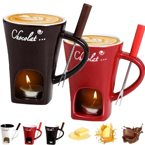 Schokofondue Tasse, 2025 Neu Fondue Tasse mit Gabel Schmelztopf für Weihnachtsplätzchen, Schokoladen Fondue Becher Set,Schokolade, Butter und Karamell, Geschenke für Mama Papa (Braun+Rot)