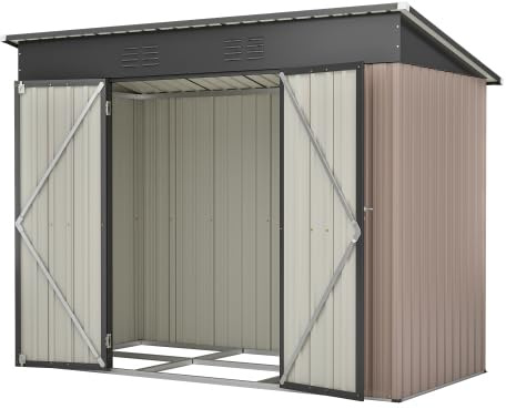 Metall Gerätehaus 8x4 FT mit stabilem Fundament – wetterfester Gartenschuppen in Braun für Garten & Terrasse, geräumiges Gartenhaus mit Belüftung, abschließbaren Türen Stabiler Geräteschuppen