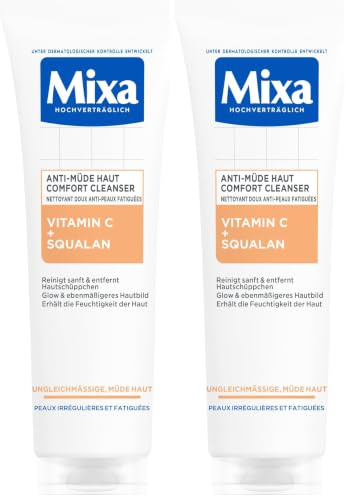 Mixa Anti-Müde Haut Comfort Cleanser, Beruhigend, Ebenmäßigere Haut, Für ungleichmäßige, fahle und sensible Haut mit Vitamin C und Squalan, Geeignet für Gesicht & Hals, Hypoallergen, 150 ml