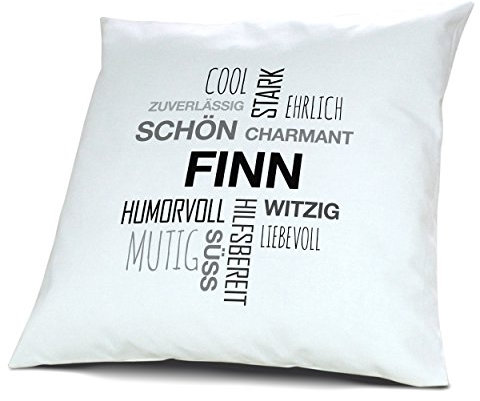 printplanet Kopfkissen mit Namen Finn - Motiv Positive Eigenschaften Tagcloud Schwarz, 40 cm, 100% Baumwolle, Kuschelkissen, Liebeskissen, Namenskissen, Geschenkidee