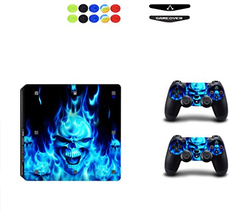Skin for PS4 Slim, Chickw1 Vinyle Protective Autocollant Decal Sticker pour Playstation 4 Slim Console + 2 Dualshock Manette Set + 10pc Thumb Grips + 2pc Light Bar au Hasard (Crâne Bleu Feu)