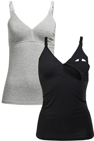 Herzmutter Stilltops Baumwolle OekoTex 100 - einfache Stillfunktion - Stilltop Set 1er & 2er - integriertes Bustier-BH mit Clip-Verschlüssen - 5420 (XL, Schwarz/Grau)