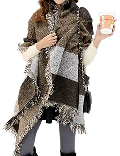 Miss Lulu Damen Winter Schal Kariert übergroßer Quadratisch Deckenschal, Karo Tartan Streifen Plaid Muster Fransen Poncho (Kaffee)