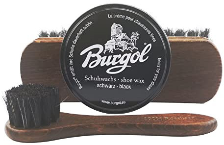 Schuhpflegeset Burgol Schuhwachs für Glattleder - Schuhe: Farbe: Schuhwachs schwarz, Cremebürste, Rosshaarbürste mit Pflegetipps