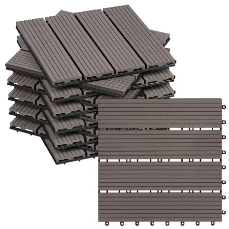 WOLTU Suelo de WPC Set de 11 Baldosas de Madera Exterior para Porche Patios Jardin, 30 x 30 cm Compuesta Azulejos para Terraza Café
