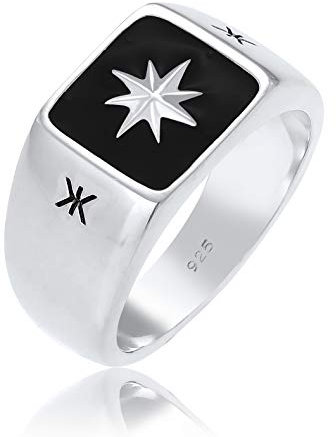 Kuzzoi Siegelring Herrenring, massiv 11 mm breit in 925 Sterling Silber, Oberfläche Emaille schwarz mit Stern Design, Ring für Männer in der Ringgröße 60, 0601112320_60