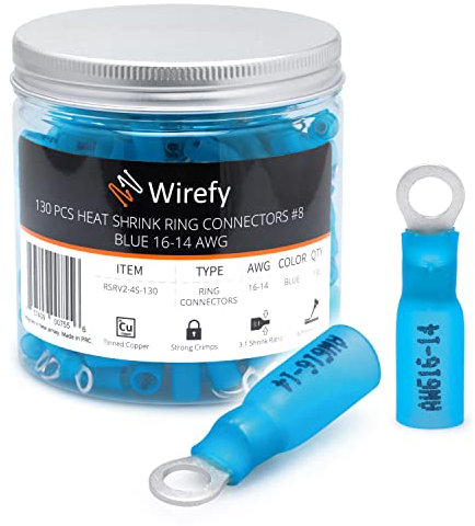 Wirefy Heat Shrink Ring Terminals #8 - Marine Grade Terminal Connectors - Waterproof Eyelet Wire Connectors - Red 16-14 AWG - 130 PCS