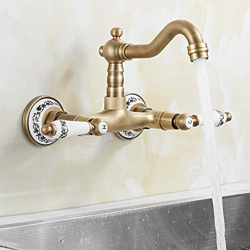 Rubinetto a Muro Vintage Girevole 360° da Cucina e Bagno in Ottone con Doppiocomando Ceramica Miscelatore Cucina Anticato