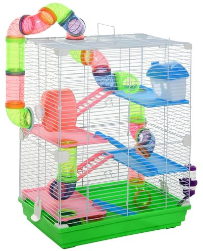 PawHut Jaula para Hámster Casa para Animales Pequeños con Túnel Plataformas Cuenco Bebedero Casita Rampas y Rueda de Ejercicio 46x30x58cm Verde y Blanco