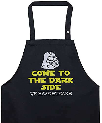 EXPRESS-STICKEREI BBQ Grillschürze - Lustige Kochschürze für Grillfans - Verstellbare Latzschürze für Männer/Frauen - Küchenschürze mit Spruch Come to the dark side we have steaks