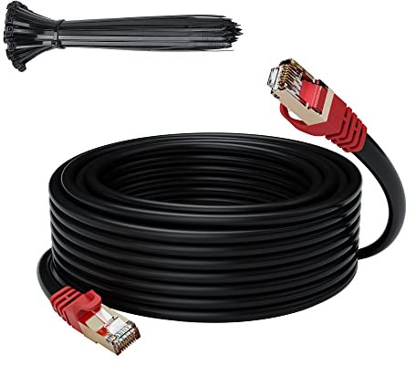 Cat 6E Cat 7 Cable Ethernet para exteriores de 30 pies, Carácter de 10 Gbps Cable de Internet con blindaje pesado de 25-300 pies, POE, SFTP, impermeable de entierro directo e interior, Cat6A Cat7