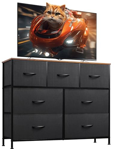 WLIVE 7 Drawer Dresser TV Stand, Entertainment Center, Media Console Table with Metal Frame and Wood Top for TV up to 45 inch, Chest of Drawers for Bedroom, Living Room, Black and Rustic Brown