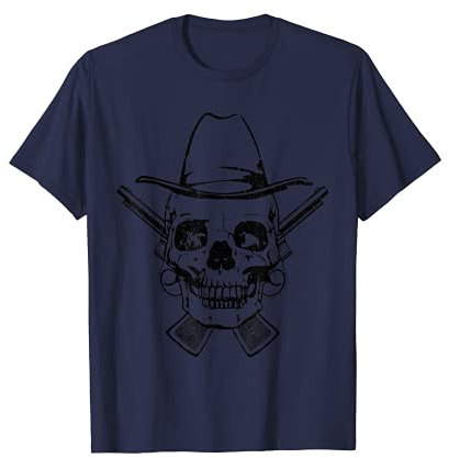 Schädel Skull mit Cowboyhut Cowboys mit einer Waffe Cowboy T-Shirt