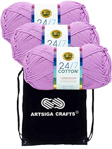 Lion Brand 24/7 Cotton Orchid 761-145 (3 Knäuel – gleiche Farbstofflose) Kammgarn zum Häkeln und Stricken, Baumwollgarn zum Häkeln und Stricken, Bündel mit 1 Artsiga Craft-Projekttasche