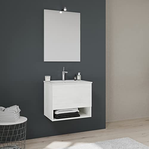 Kiamami Valentina - Mobile bagno sospeso da 60cm, cassetto, vano a giorno bianco | Venezia