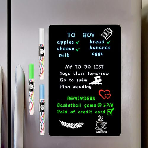 ANLIOTE Tableau Noir Magnétique pour Frigo 30 x 20 cm – Ardoise Aimantée Facile à Nettoyer – 3 Feutres à Craie, 3 Porte-Stylos et 1 Chiffon – Pense-Bête pour Liste de Courses et To-Do List