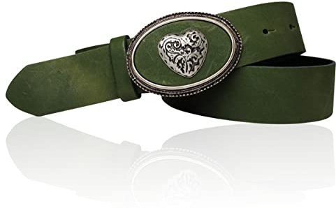 FRONHOFER Trachtengürtel für Damen, Herz Gürtelschnalle Tracht, 4 cm Ledergürtel, 18810, Größe:Körperumfang 120 cm/Gesamtlänge 135 cm, Farbe:Khaki