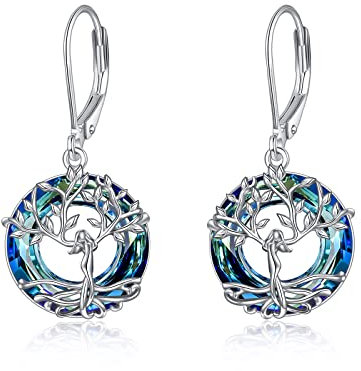 Baum des Lebens Ohrringe Sterling Silber mit Kristallen, Geburtstagsschmuck Geschenke für Frauen Damen (Blau)