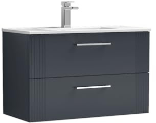 nuie DPF1495B Deco Modern Bathroom Wall Hung 2 Drawer Part Fluted Vanity Basin Unit with Minimalist Ceramic Basin, 800mm, Soft Black