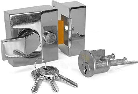 Standard Deadlocking Nightlatch, 40mm Backset, Polished Chrome Finish, Complete with Rim Cylinder Lock Supplied with 3 Keys. External Door Lock for Front Door and Back Door. (Polished Chrome)