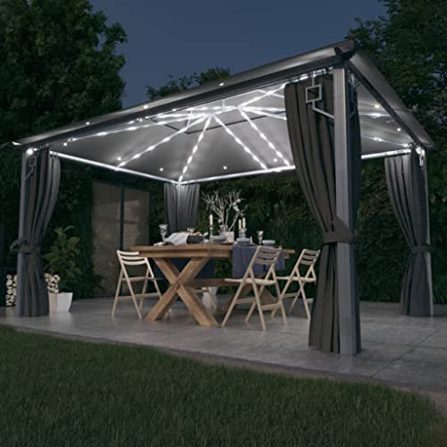 Pavillon mit Vorhang & LED Lichterkette 4x3m anthrazit Aluminium