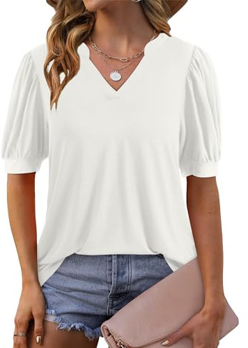 Beluring Lockere Oberteile Damen Basic Shirt Blusen Kurzarm Puffärmel Bluse Weiß XXL
