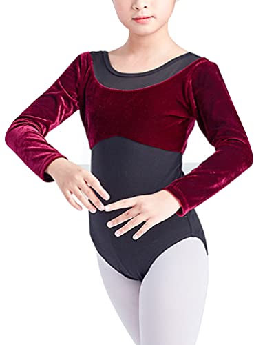 Manyakai Mädchen Turnanzug Langarm Tanzbody Balletttrikot Samt Patchwork Gymnastik Leotard Tanztrikot Kinder Gymnastikanzug Ballettkleidung Show Burgundy 92-98