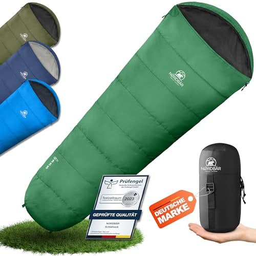 NORDBÄR® Schlafsack 3 Jahreszeiten & Sommer Ultraleicht [750g/1500g] | Camping Mumienschlafsack | kleines Packmaß [100GSM/300GMS] | Outdoor Reise Hüttenschlafsack| Sommerschlafsack