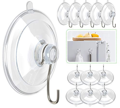 Jeowoqao Multi-Purpose Suction Cup Hooks, 12 Pack Clear Reusable PVC Sucker Pads with Metal Hook, Heavy Duty Plastic Suction Hooks for Bathroom Kitchen Shower Wall Window Glass Door 1.77 Inches